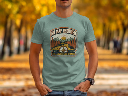 Heritage No Map Required: The Adventure Awaits Nomad Tee: T-shirt with "No Map Required, The Adventure Awaits" text and nature graphic.