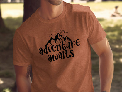 Adventure Awaits With Mountain and Stars Graphic T-Shirt T-Shirt - Outdoor & Adventure Collection - Mile Marker 16 Gear by Cloud 16 Clothing Co.