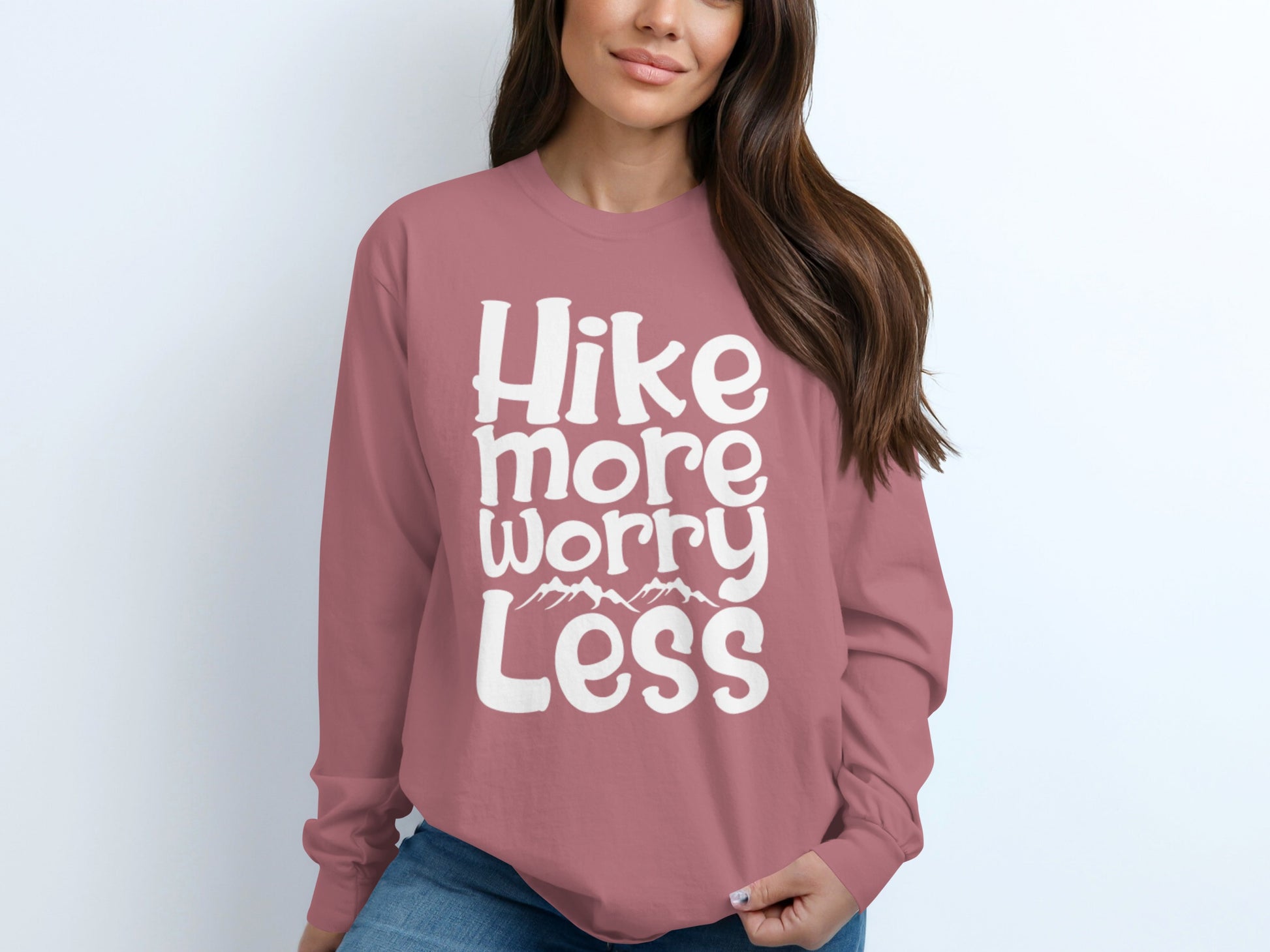 Hike More Worry Less With Mountain Graphic Long Sleeve T-Shirt Long Sleeve Tee - Outdoor & Adventure Collection - Mile Marker 16 Gear by Cloud 16 Clothing Co.