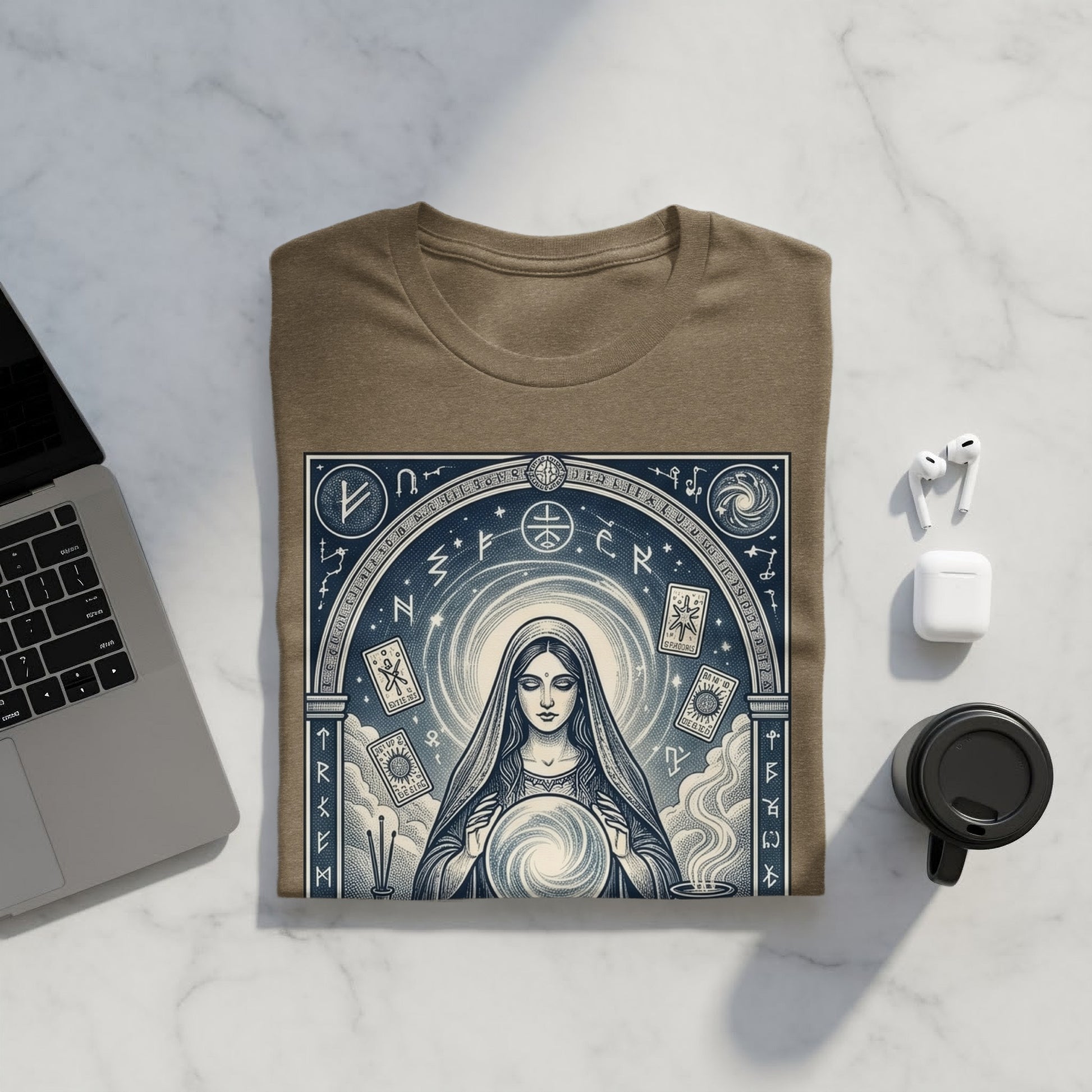 Brown t-shirt with mystical celestial design and tarot card imagery.