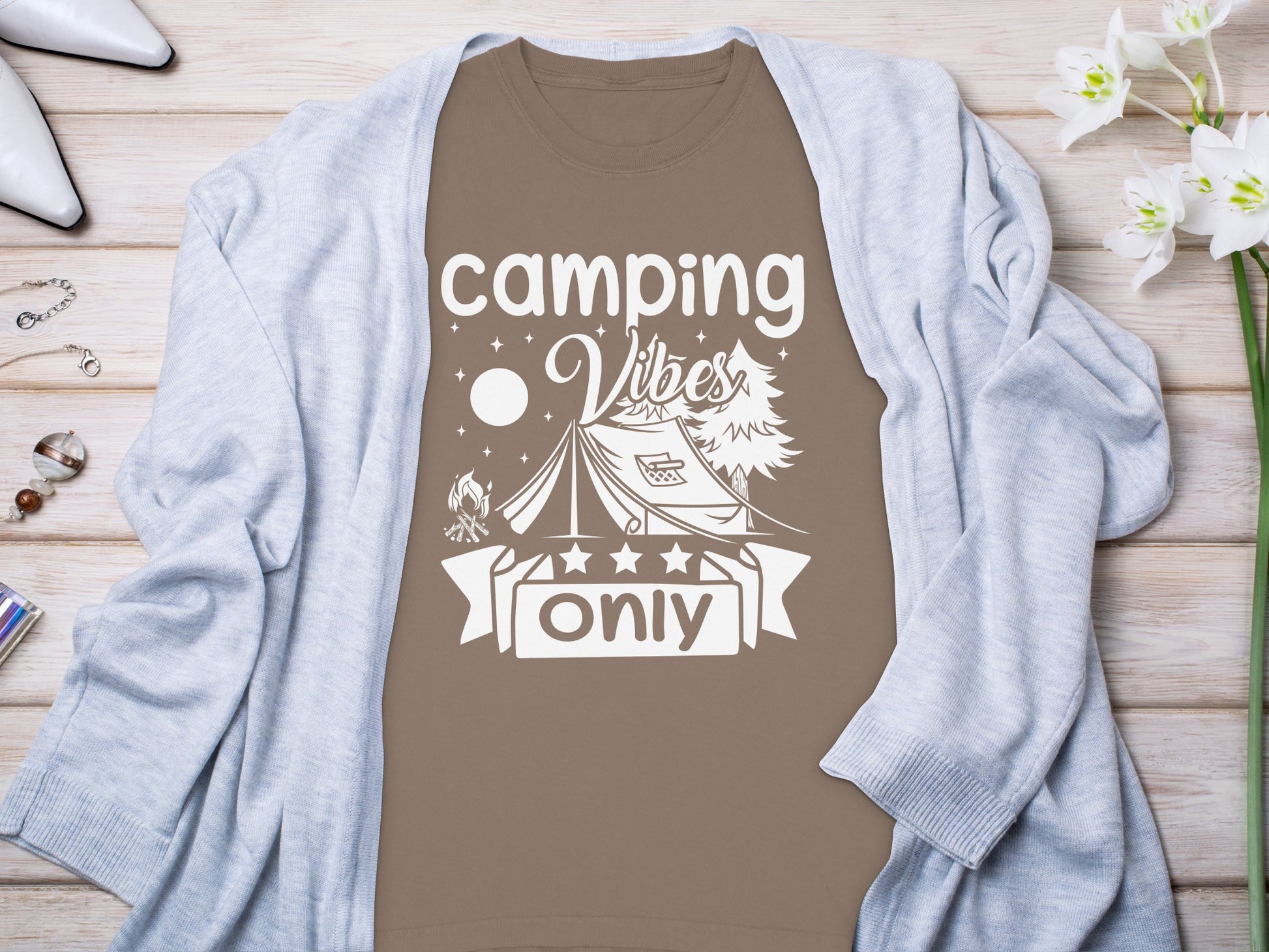Camping Vibes Stars Only With Tent Graphic Long Sleeve T-Shirt Long Sleeve Tee - Outdoor & Adventure Collection - Mile Marker 16 Gear by Cloud 16 Clothing Co.