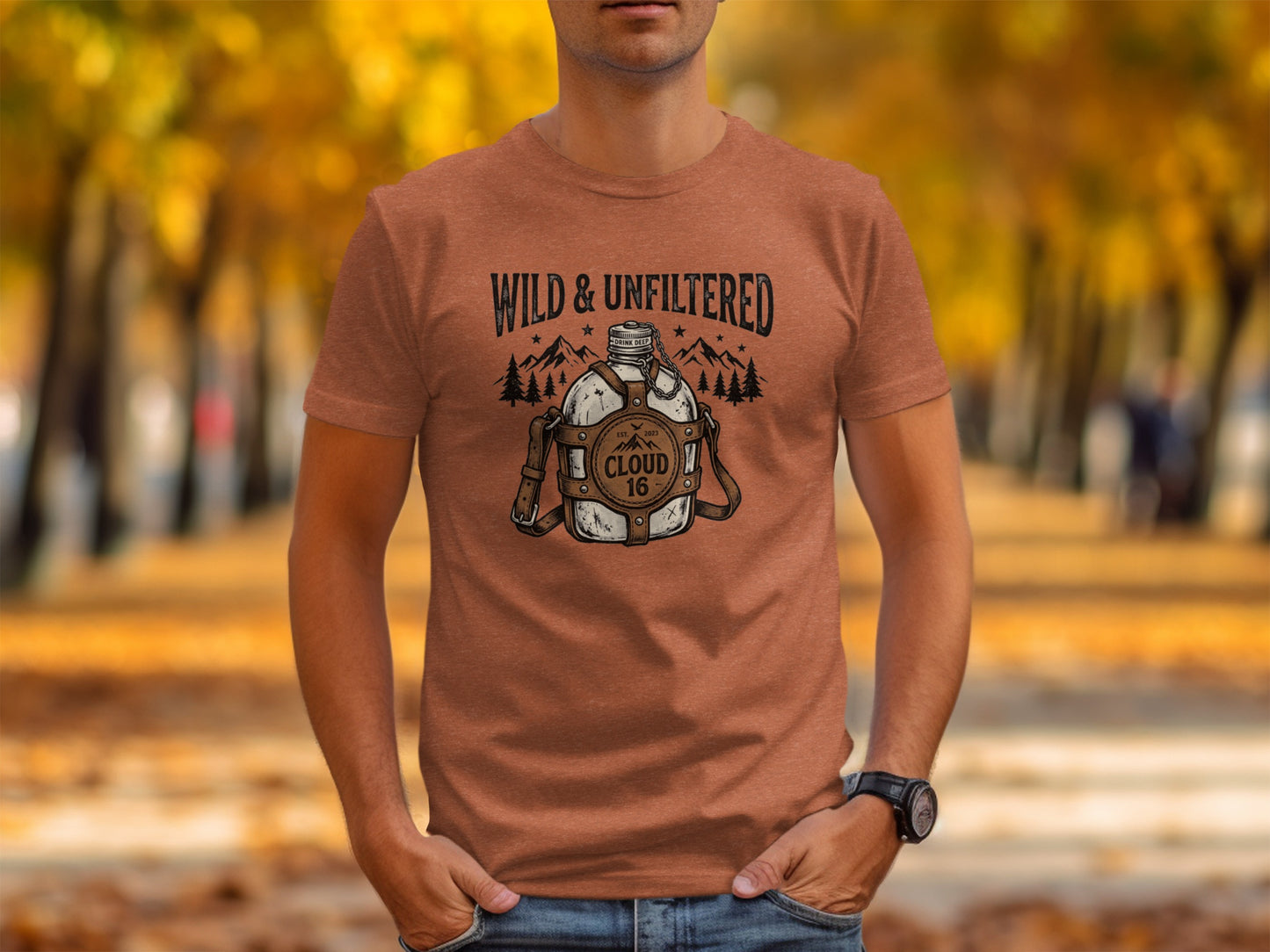 Rugged Wild & Unfiltered Spirit Wilderness Shirt: Brown t-shirt with "WILD & UNFILTERED" text and vintage canteen graphic.