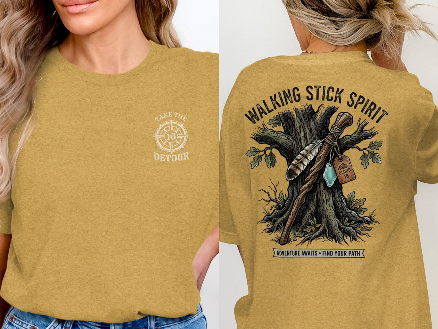 Yellow t-shirt with "Take the Detour" on front and "Walking Stick Spirit Cloud 16" on back.