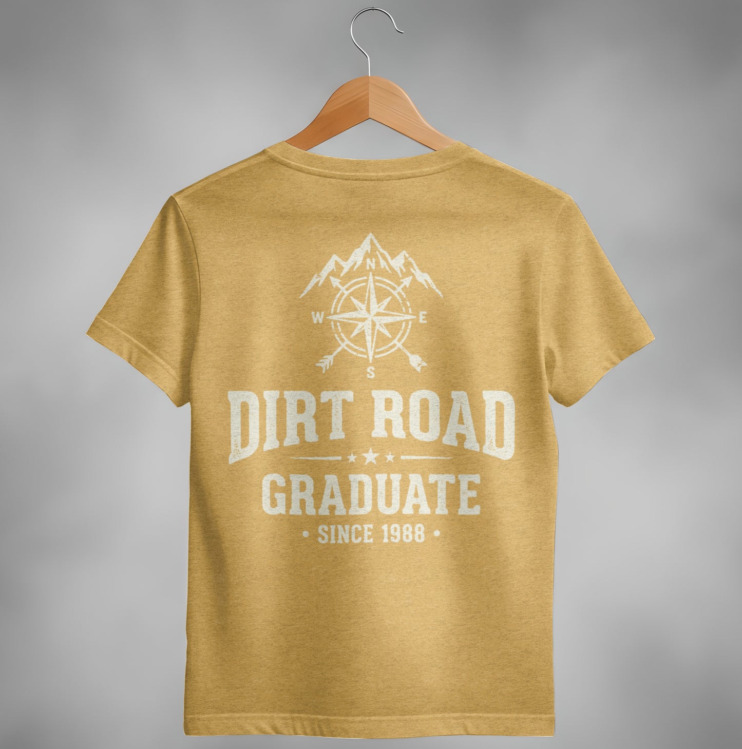 Yellow t-shirt with "Dirt Road Graduate Since 1988" text and compass graphic.