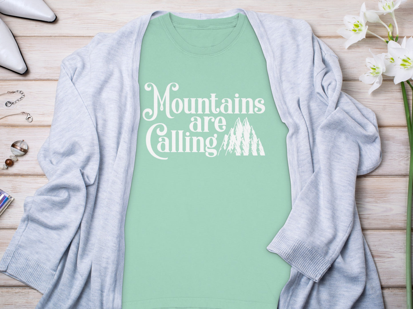 Mountains Are Calling Design on Mint Green Shirt