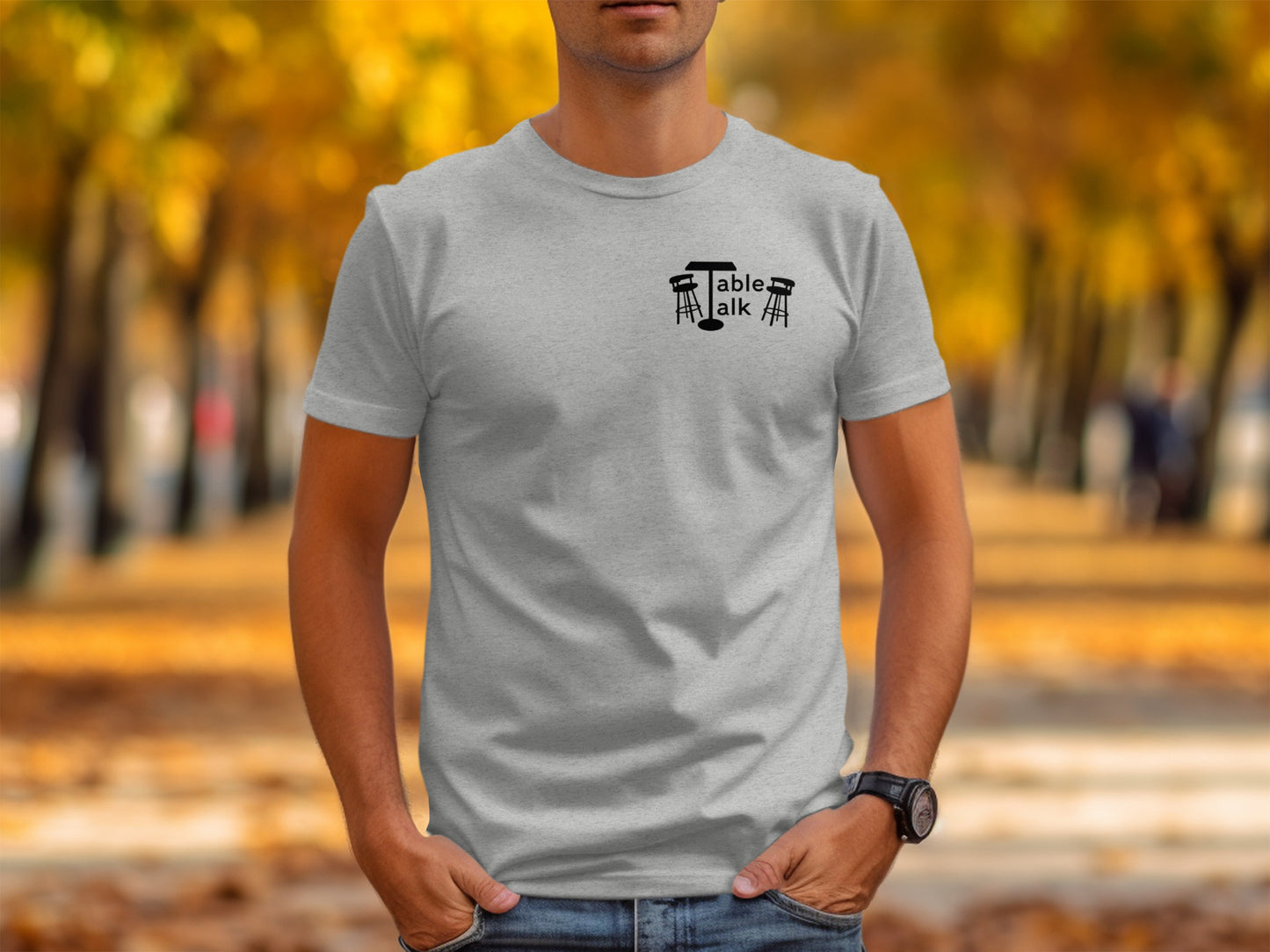 Table Talk Logo Design on Light Gray T-Shirt Product