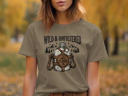 Rugged Wild & Unfiltered Spirit Wilderness Shirt: Brown t-shirt with "WILD & UNFILTERED" and canteen graphic.