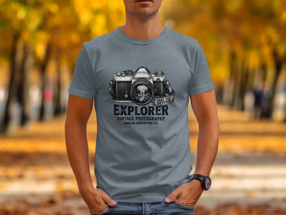 The Analog Explorer's Detour: Backcountry Outpost Shirt: Grey t-shirt with vintage camera graphic and "EXPLORER" text.