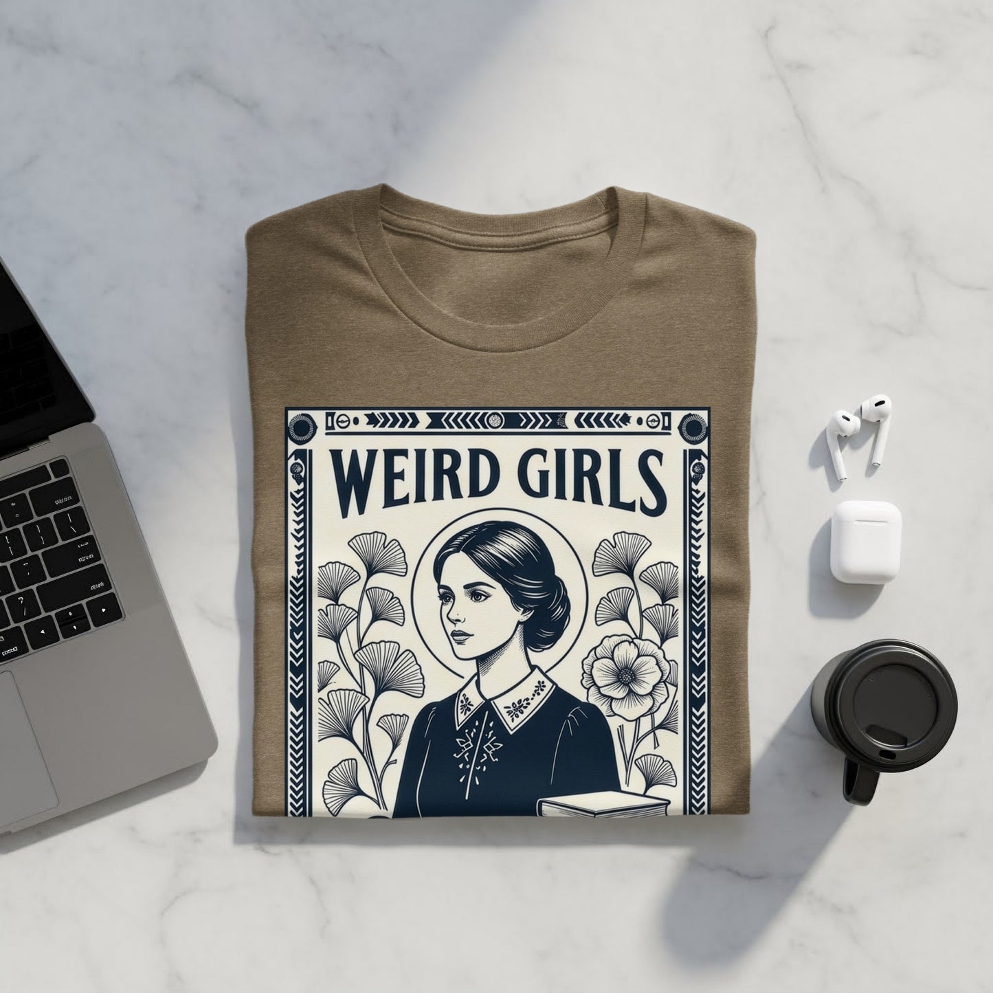 Brown t-shirt with "WEIRD GIRLS" text and a portrait of a woman.