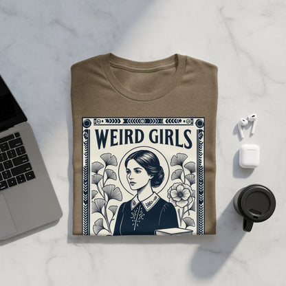 Brown t-shirt with "WEIRD GIRLS" text and a portrait of a woman.