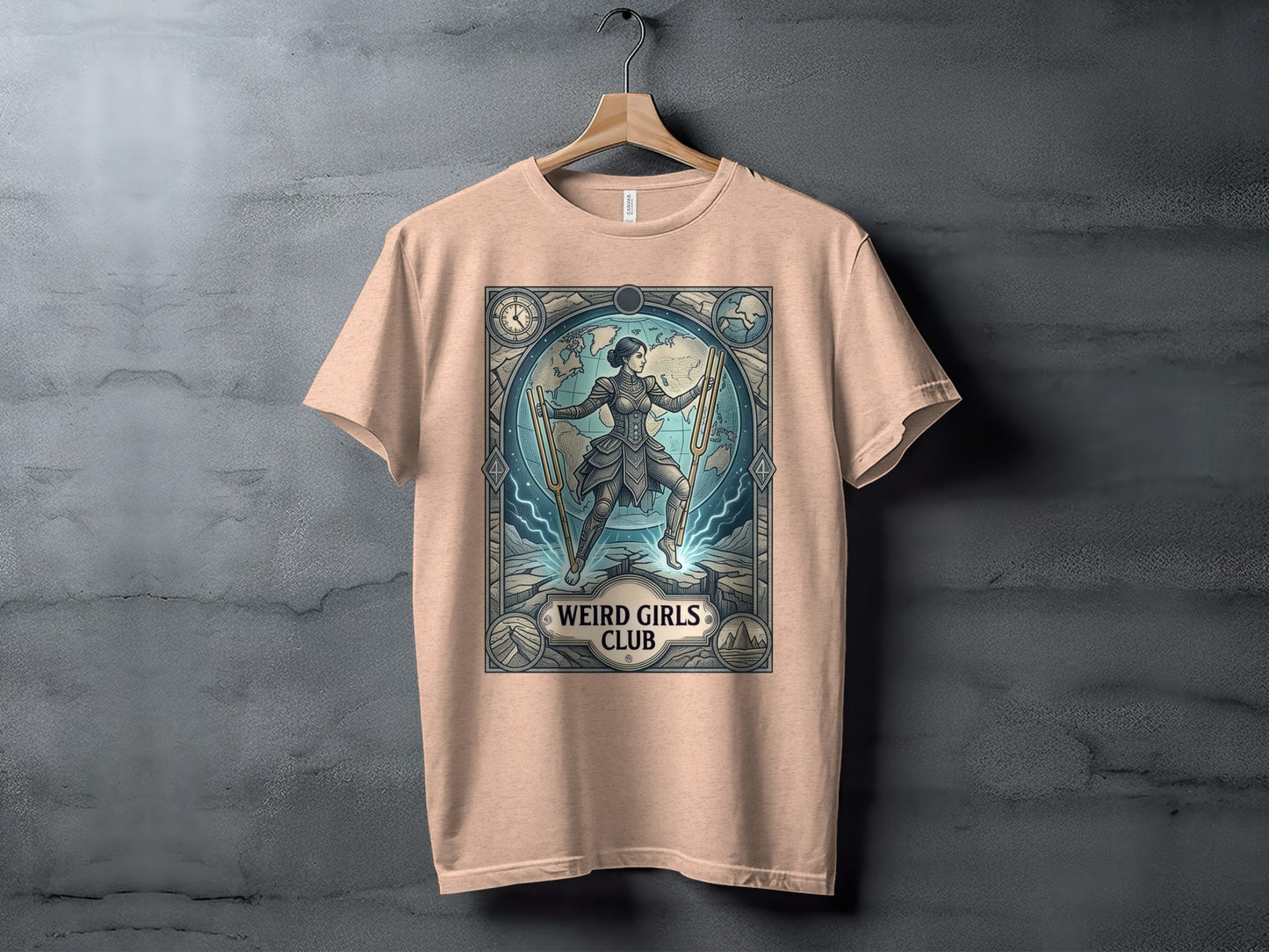 T-shirt featuring a stylized warrior woman, globe, and "Weird Girls Club" text.
