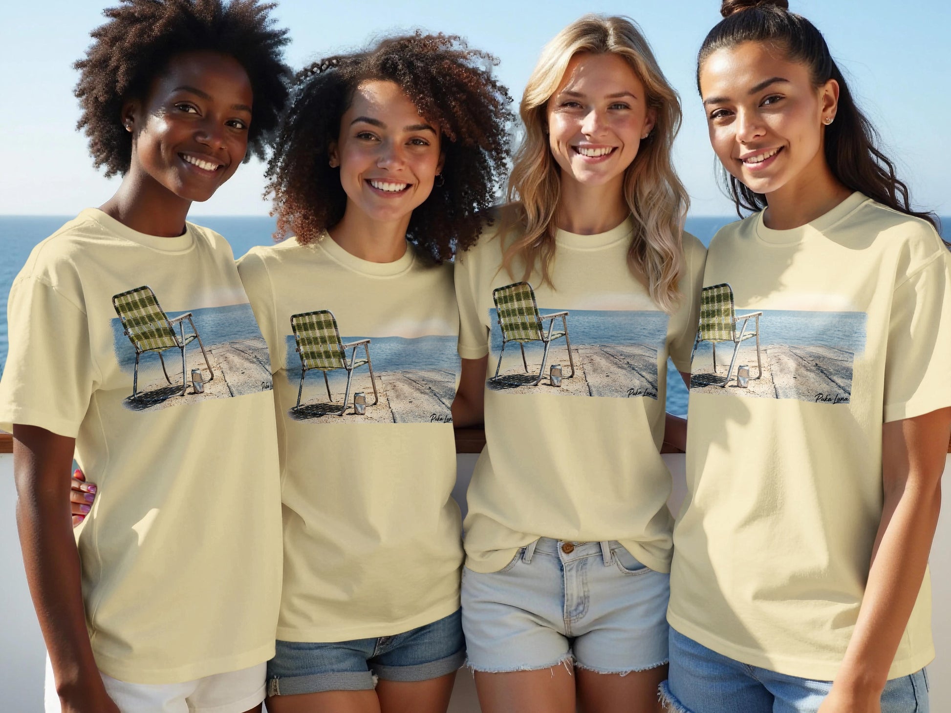 Four young women wear t-shirts featuring a beach scene with chairs.