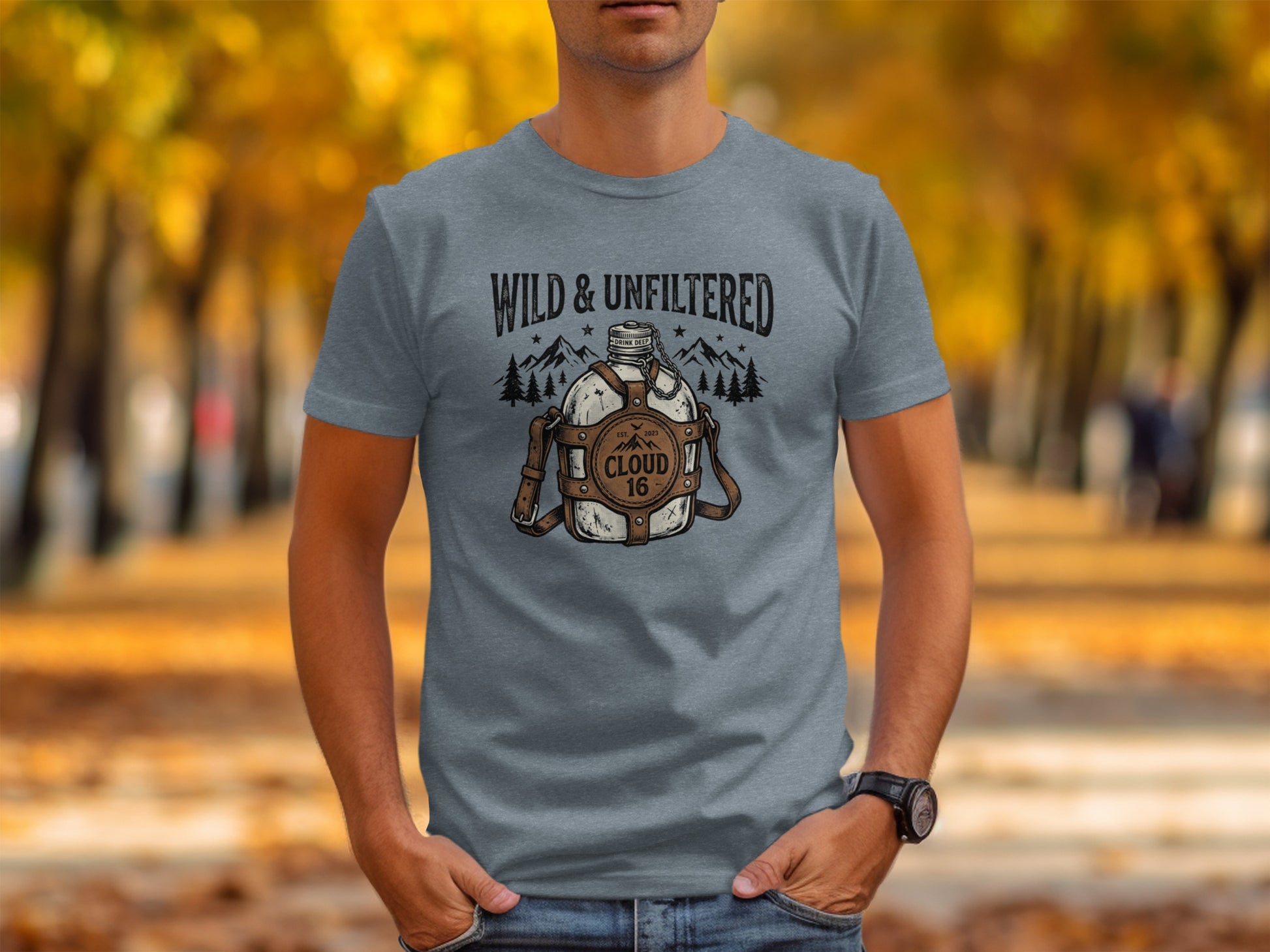 Rugged Wild & Unfiltered Spirit Wilderness Shirt: Grey t-shirt with "Wild & Unfiltered" and vintage canteen graphic.