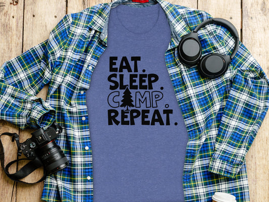 Eat Sleep Camp Repeat With Pine Tree Graphic T-Shirt T-Shirt - Outdoor & Adventure Collection - Mile Marker 16 Gear by Cloud 16 Clothing Co.