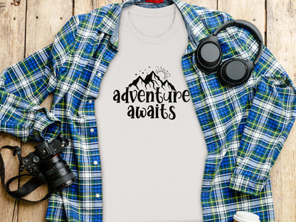 Adventure Awaits With Mountain and Stars Graphic T-Shirt T-Shirt - Outdoor & Adventure Collection - Mile Marker 16 Gear by Cloud 16 Clothing Co.