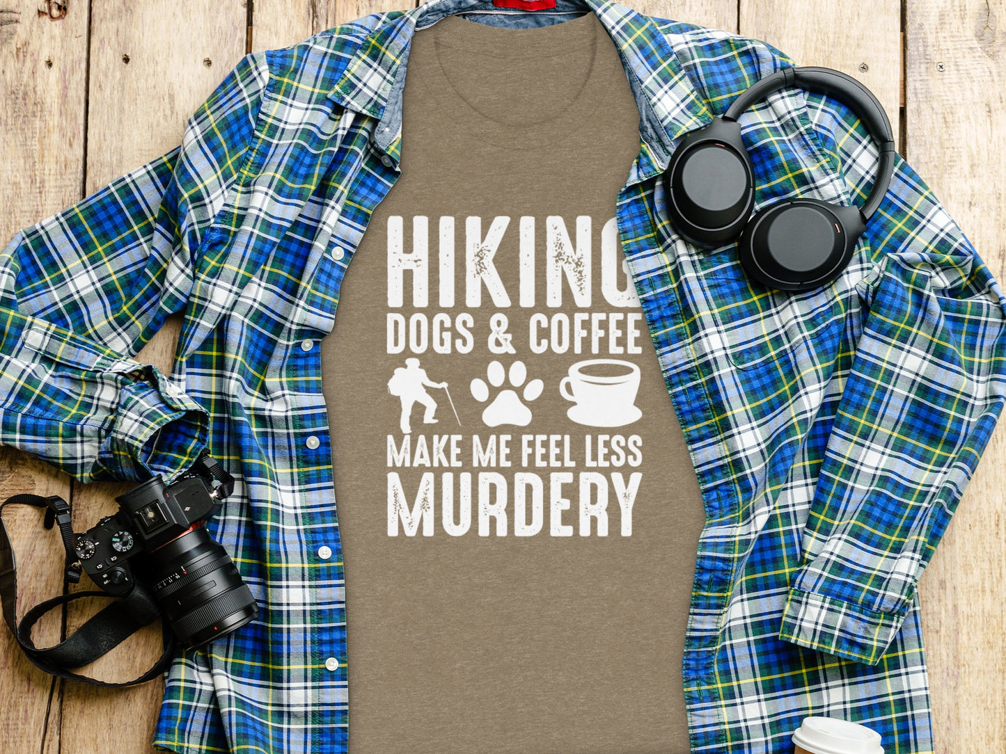 Hiking Dogs Coffee Less Murdery Funny Graphic Design T-Shirt T-Shirt - Outdoor & Adventure Collection - Mile Marker 16 Gear by Cloud 16 Clothing Co.