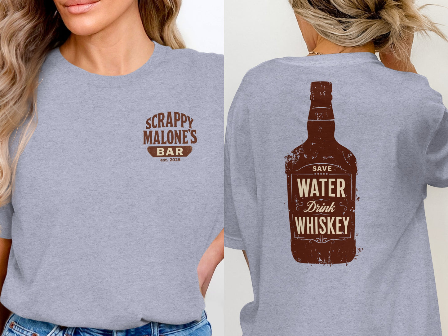 Save Water Drink Whiskey Funny Saying Graphic Bottle T-Shirt T-shirt - Scrappy Malone's Bar 100-Proof Humor - Cloud 16 Clothing Co.