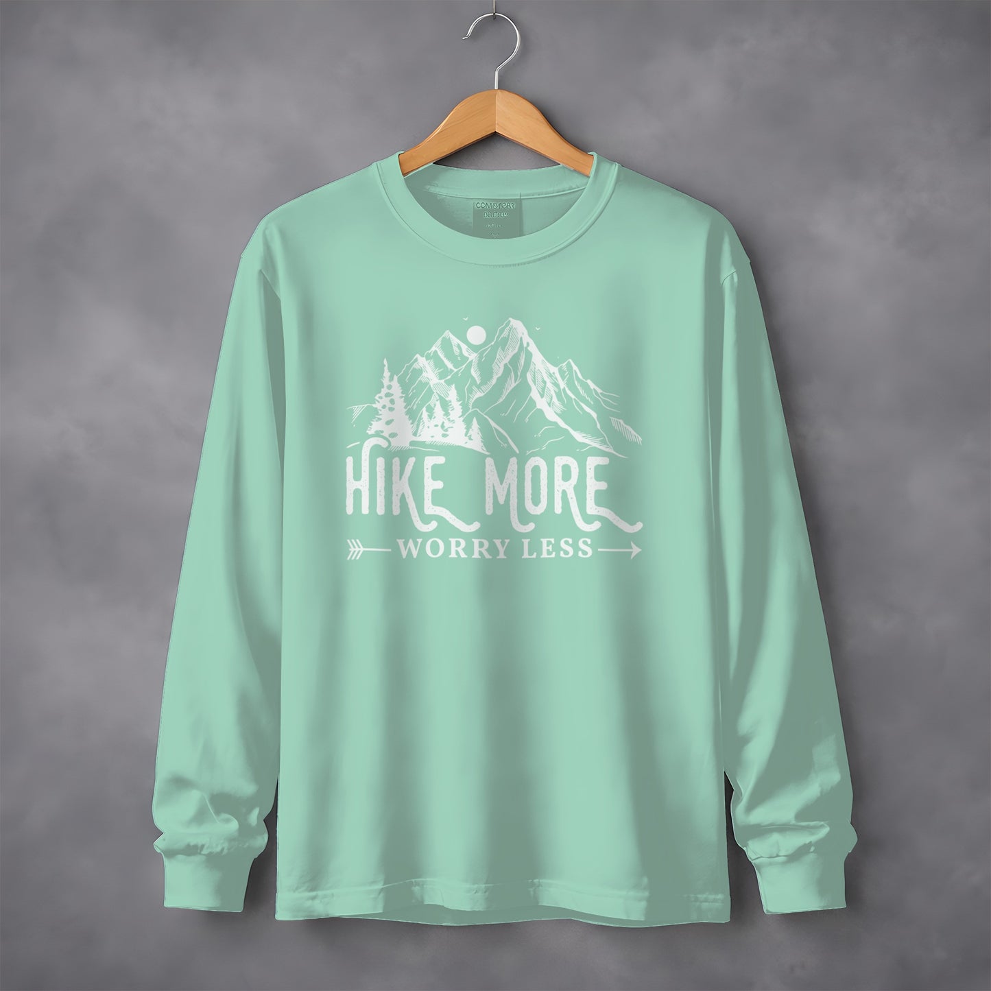 Hike More Worry Less Mountain Design Funny Outdoor Long Sleeve T-Shirt Long Sleeve Tee - Outdoor & Adventure Collection - Mile Marker 16 Gear by Cloud 16 Clothing Co.