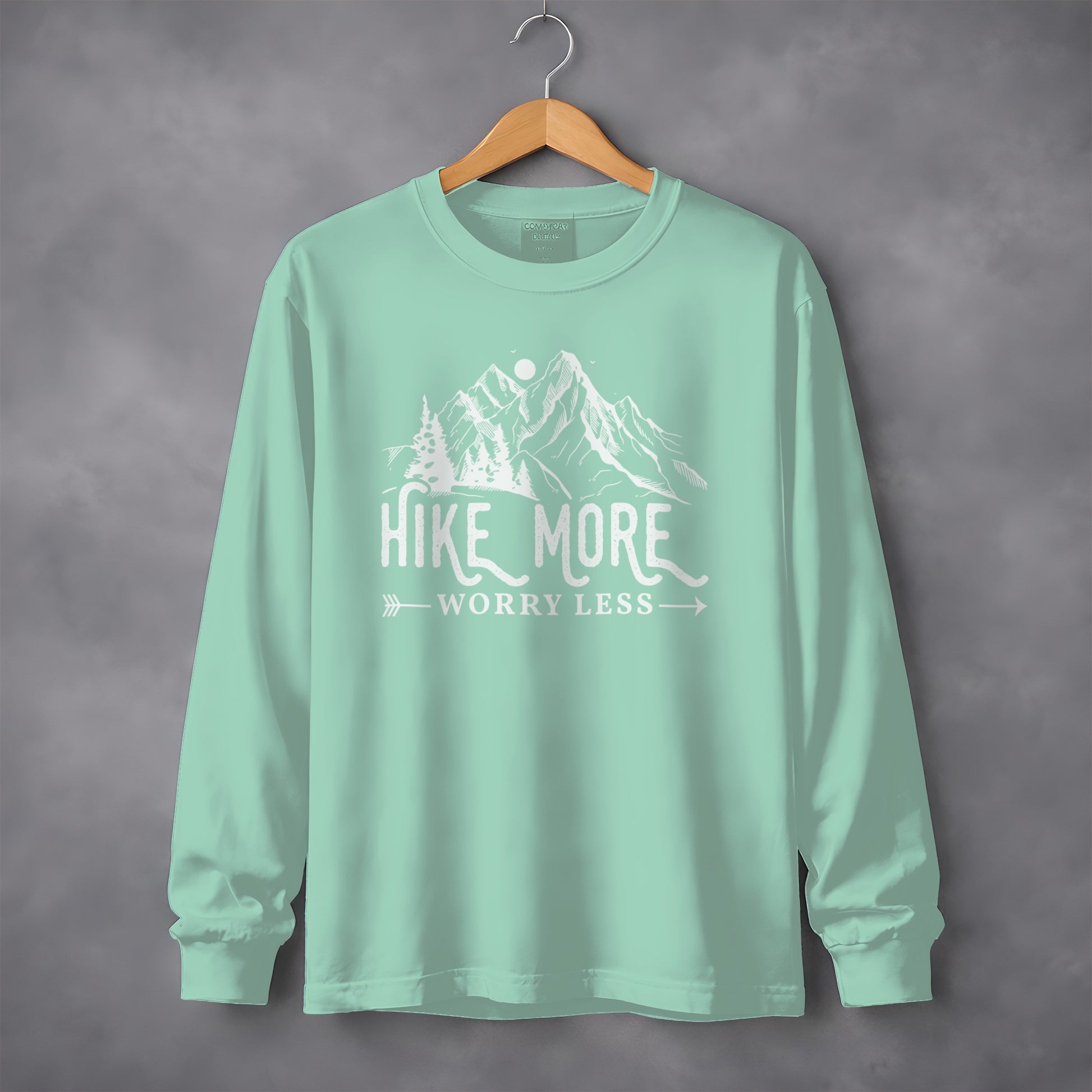 Hike More Worry Less Mountain Design Funny Outdoor Long Sleeve T-Shirt Long Sleeve Tee - Outdoor & Adventure Collection - Mile Marker 16 Gear by Cloud 16 Clothing Co.