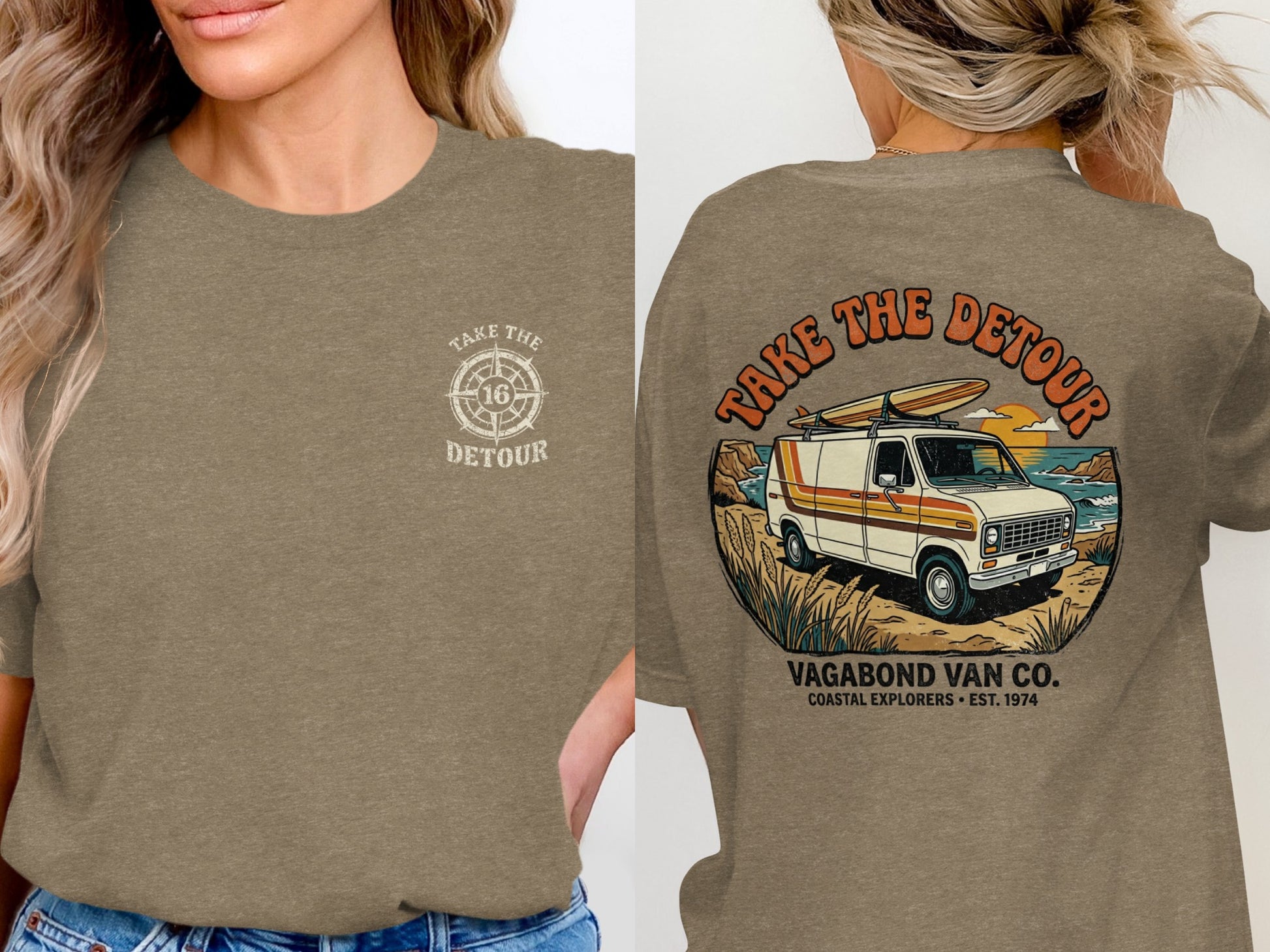 Brown t-shirt with "Take the Detour" compass graphic on front and van graphic on back.