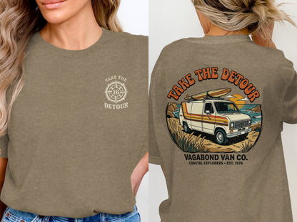 Brown t-shirt with "Take the Detour" compass graphic on front and van graphic on back.