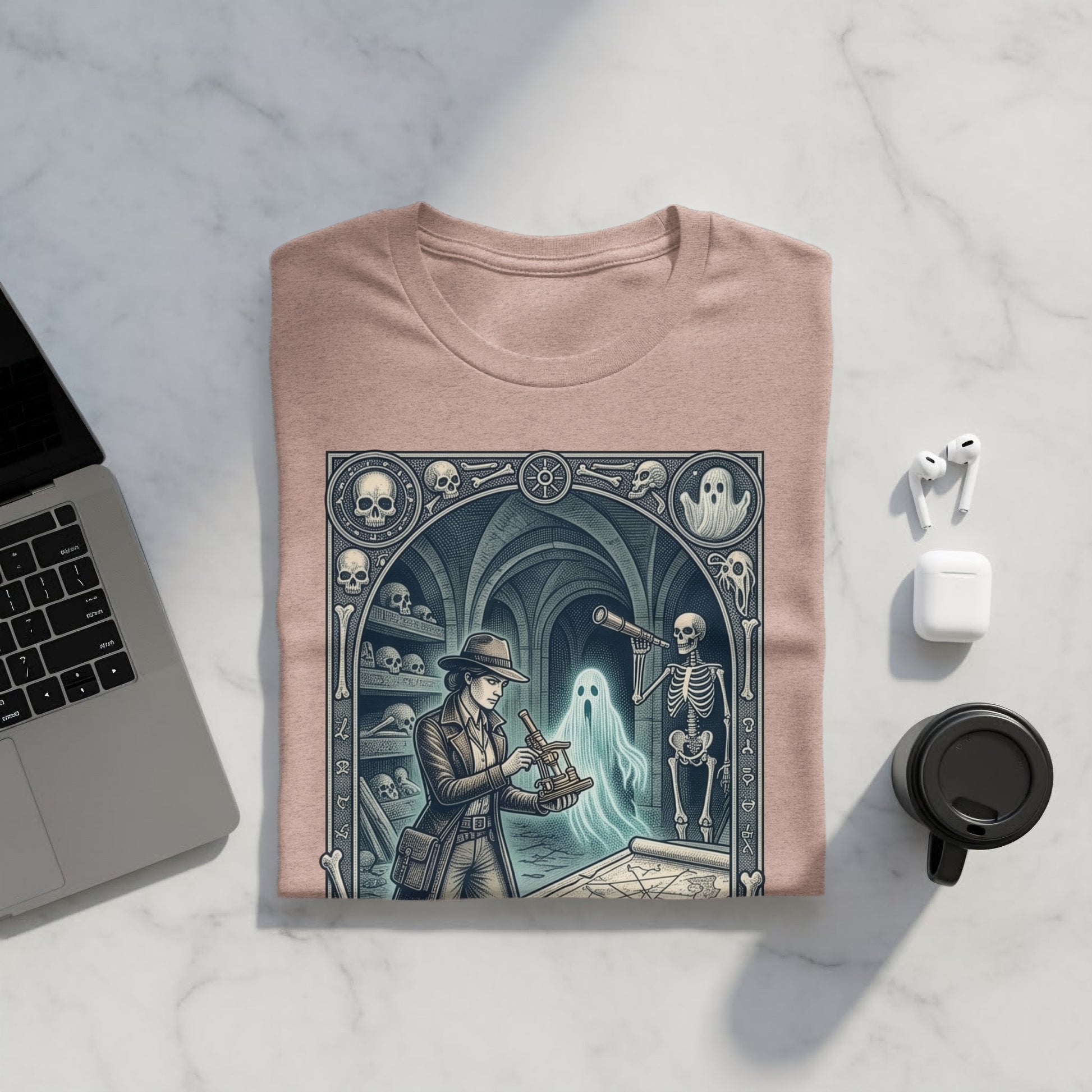 Detective examining microscope with ghost and skeleton in ornate room.