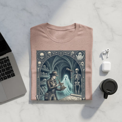 Detective examining microscope with ghost and skeleton in ornate room.