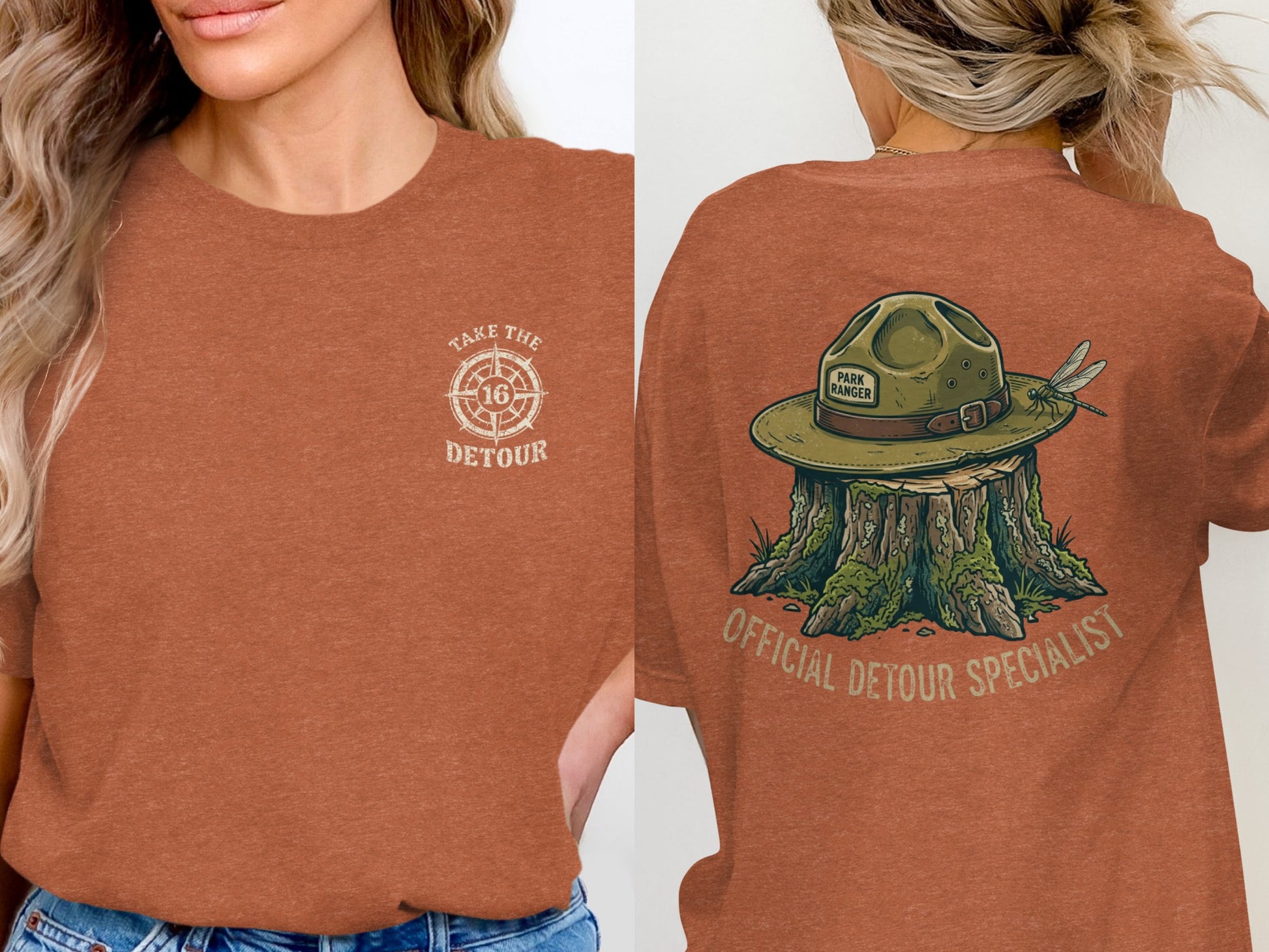 Orange t-shirt with ranger hat graphic and "Official Detour Specialist" text.