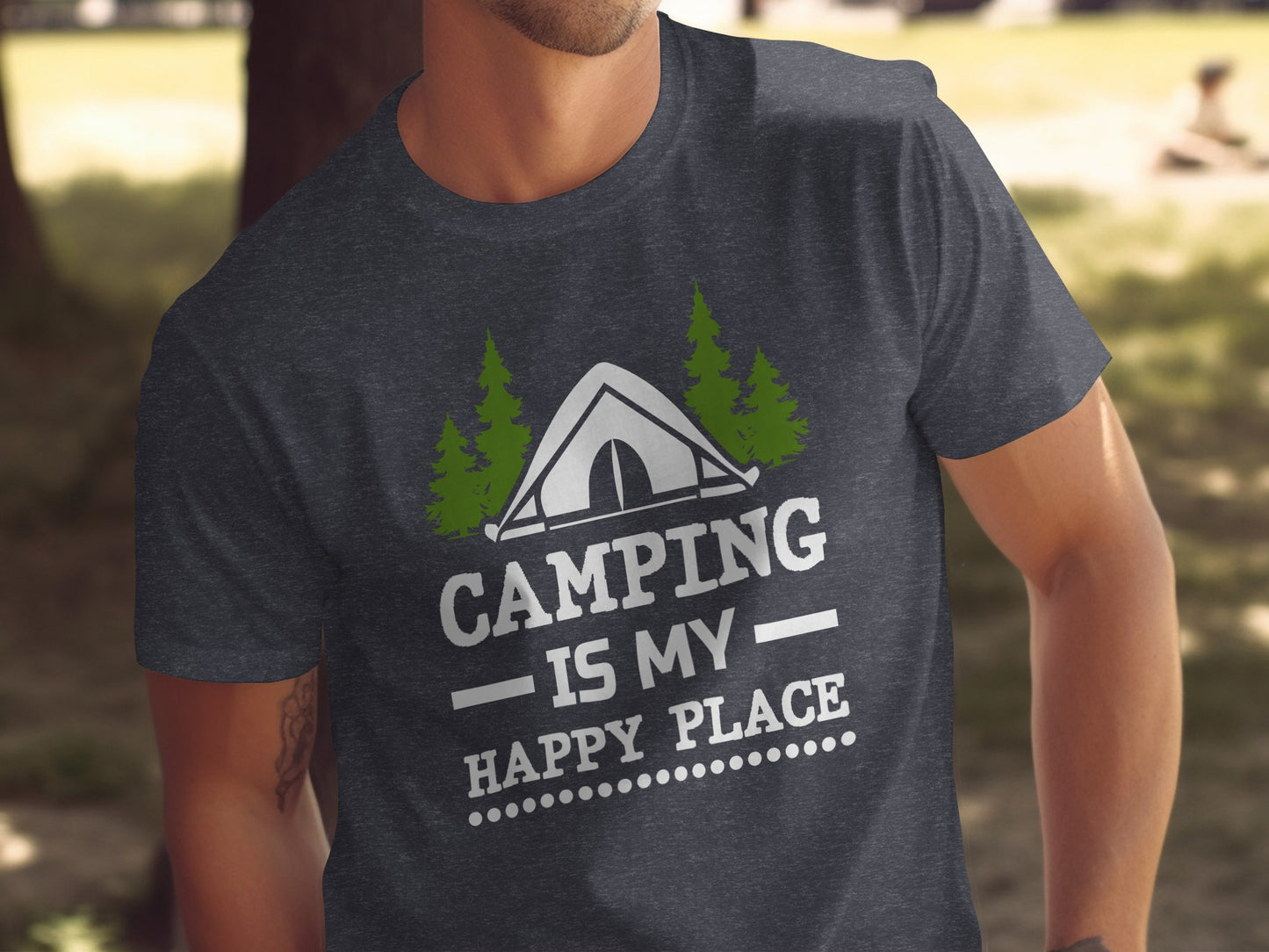 Camping Is My Happy Place Tent And Trees Graphic T-Shirt T-Shirt - Outdoor & Adventure Collection - Mile Marker 16 Gear by Cloud 16 Clothing Co.