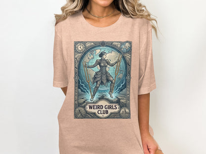 T-shirt with "Weird Girls Club" logo featuring a woman in warrior pose over a globe.