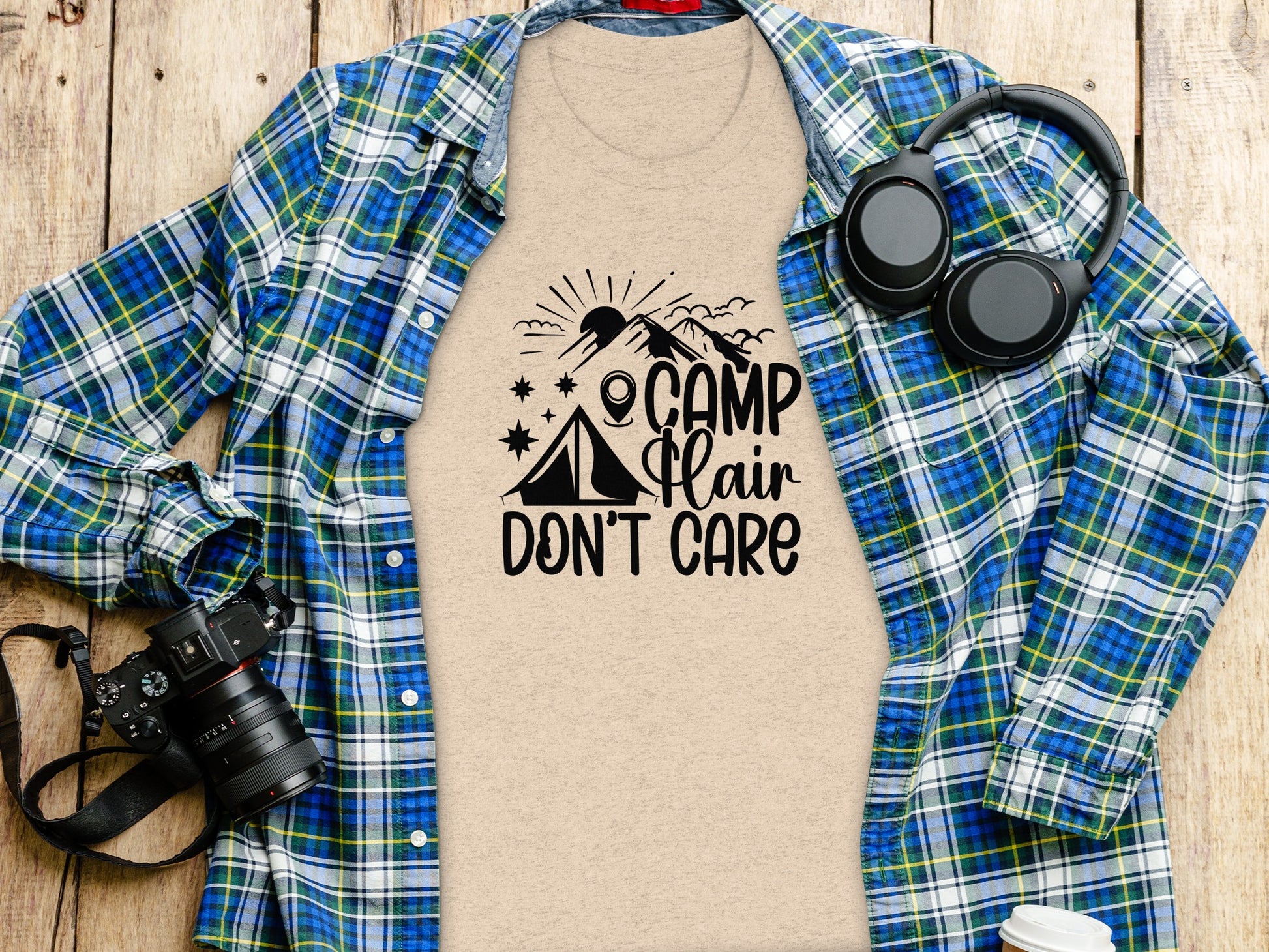 Camp Hair Dont Care with Mountain Scene Graphic T-Shirt T-Shirt - Outdoor & Adventure Collection - Mile Marker 16 Gear by Cloud 16 Clothing Co.