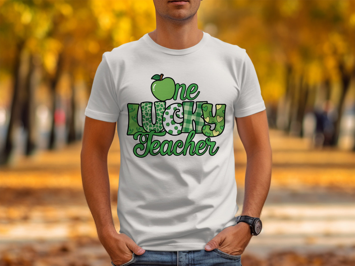 One Lucky Teacher T-Shirt with Green Apple Design