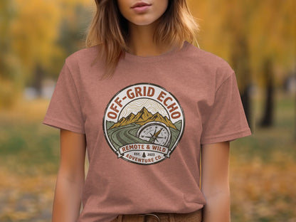 Off-Grid Echo Explorer: The Explorer's Adventure Tee: T-shirt with circular logo for "Off-Grid Echo Remote & Wild Adventure Co."