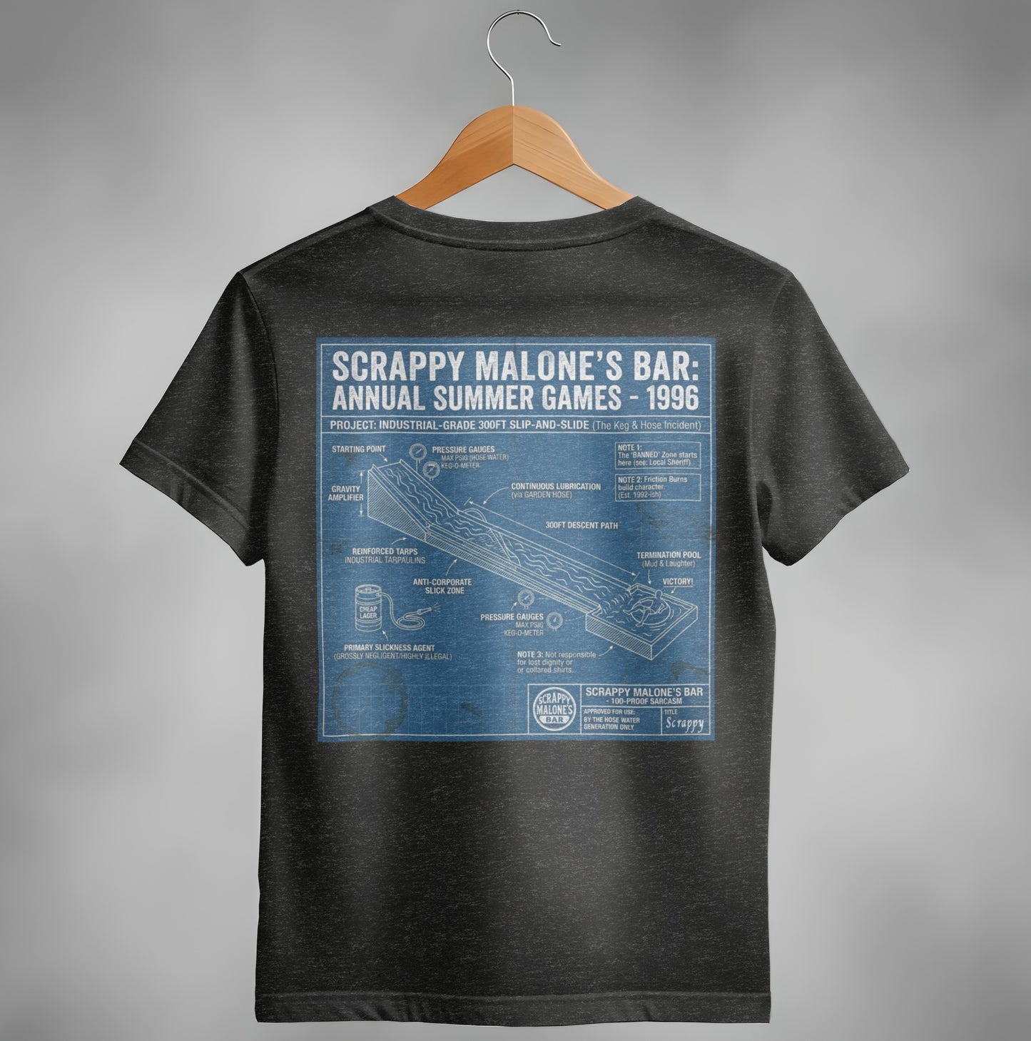 T-shirt design for Scrappy Malone's Bar, illustrating the 1996 "Industrial-Grade 300ft Slip-and-Slide."