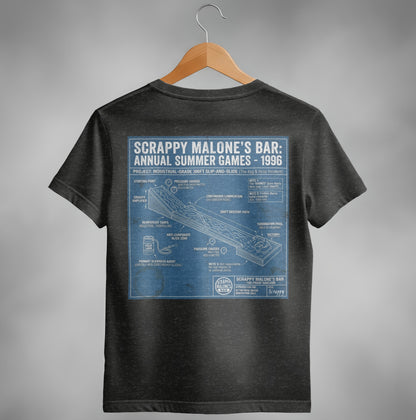 T-shirt design for Scrappy Malone's Bar, illustrating the 1996 "Industrial-Grade 300ft Slip-and-Slide."