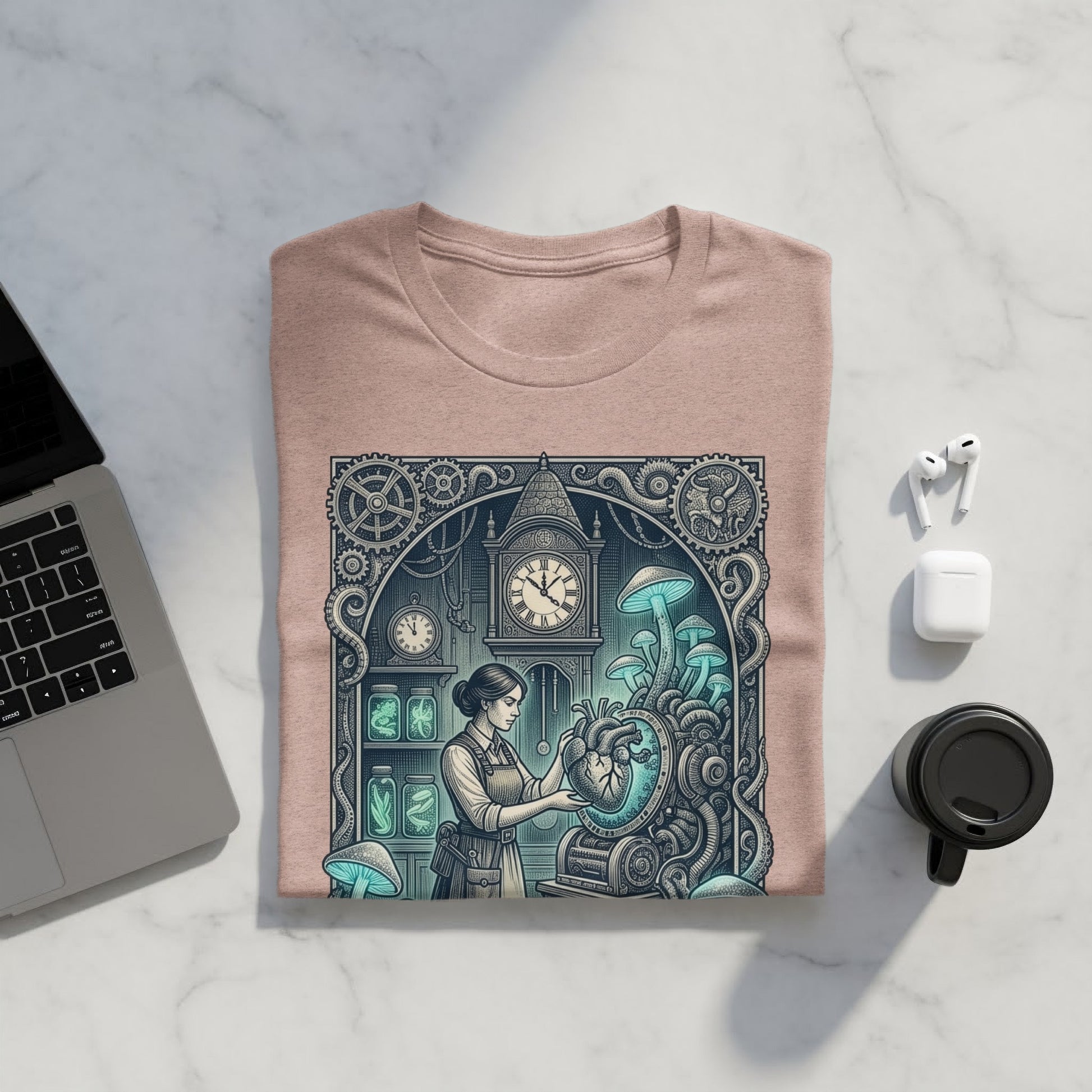 T-shirt with steampunk-style illustration of a woman with clockwork heart.