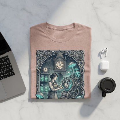 T-shirt with steampunk-style illustration of a woman with clockwork heart.
