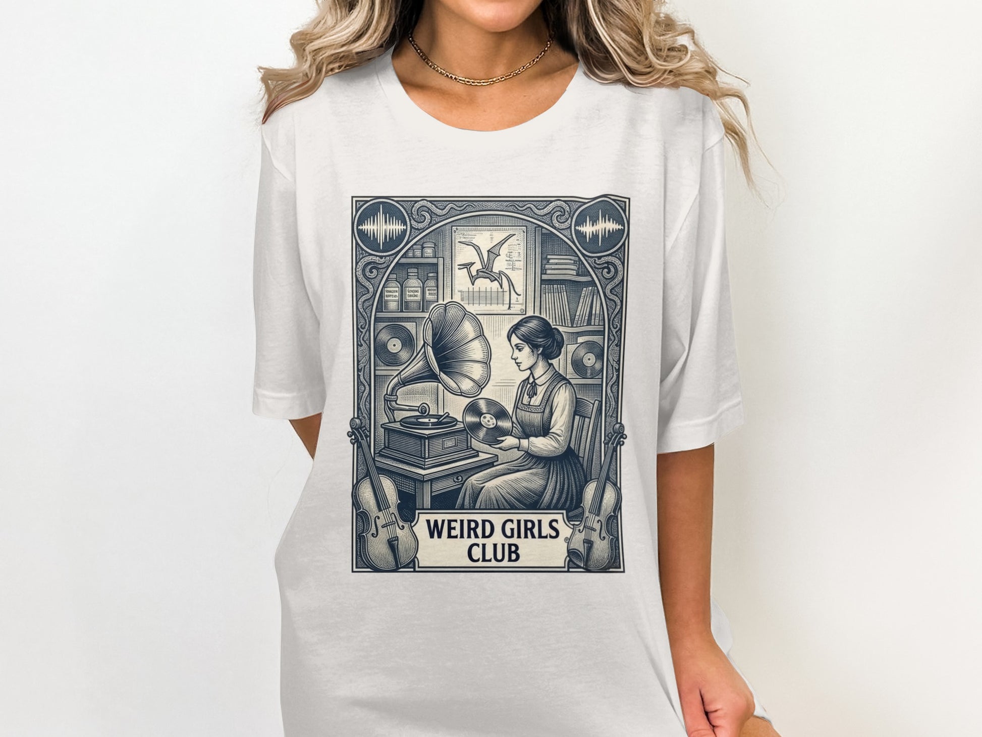 Woman playing record player with "Weird Girls Club" text below.