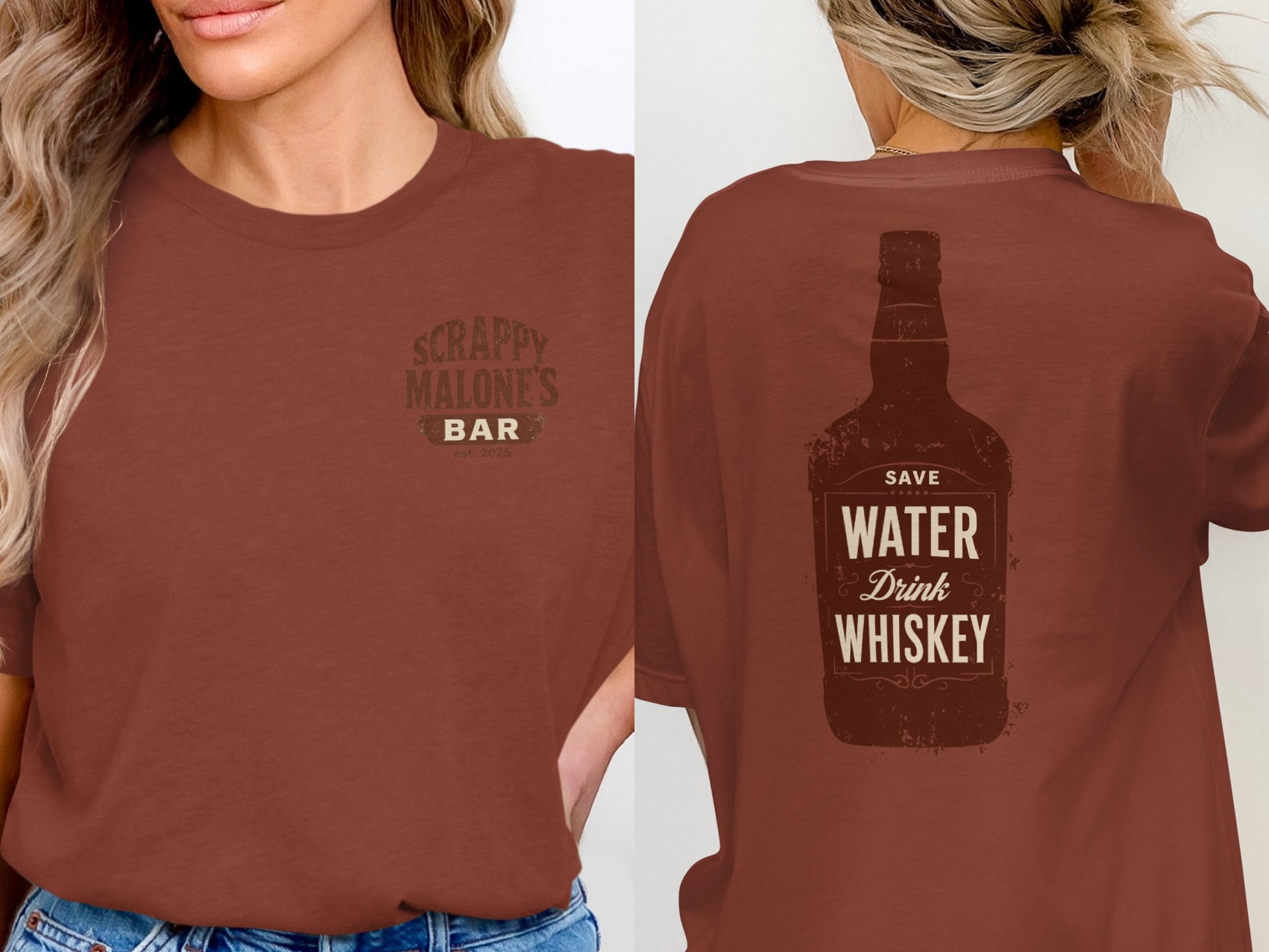 Save Water Drink Whiskey Funny Saying Graphic Bottle T-Shirt T-shirt - Scrappy Malone's Bar 100-Proof Humor - Cloud 16 Clothing Co.