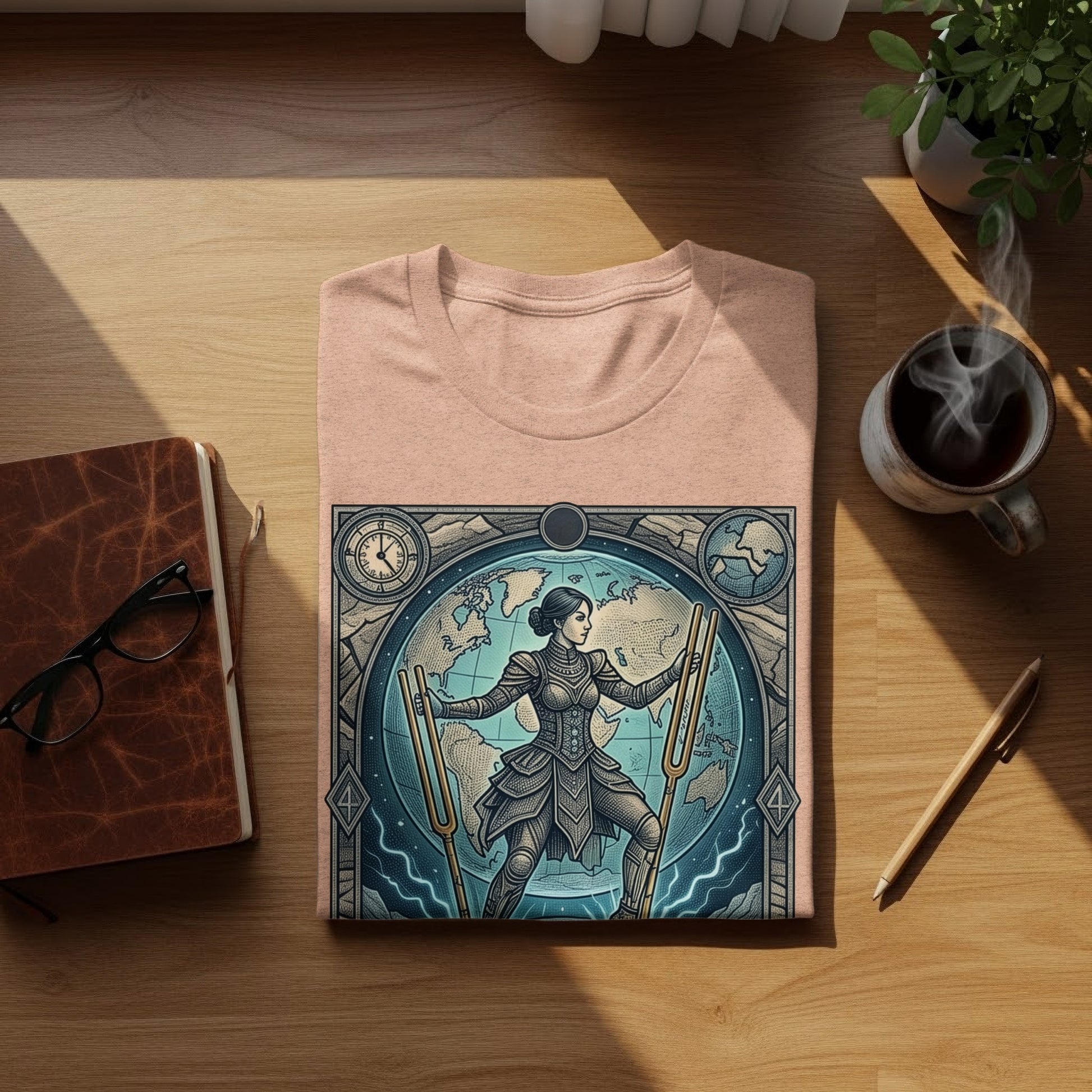 Pink t-shirt featuring a woman with spears on a globe in a decorative frame.