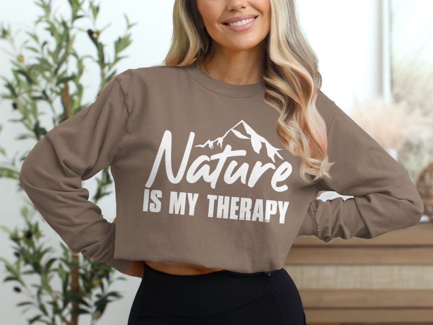 Nature Is My Therapy Mountain Graphic Text Long Sleeve T-Shirt Long Sleeve Tee - Outdoor & Adventure Collection - Mile Marker 16 Gear by Cloud 16 Clothing Co.