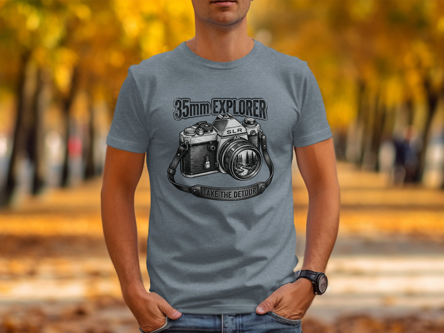 35mm Explorer Detour | Vintage Outdoor Apparel: Gray t-shirt featuring a vintage camera graphic with "35mm EXPLORER" text.
