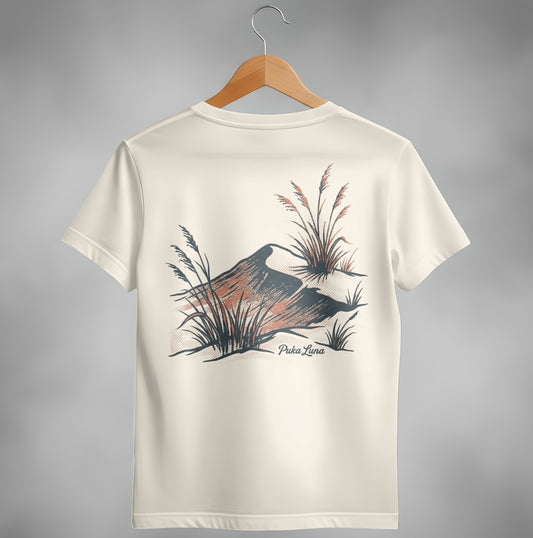 Cream t-shirt with desert landscape graphic and "Puka Luna" text.