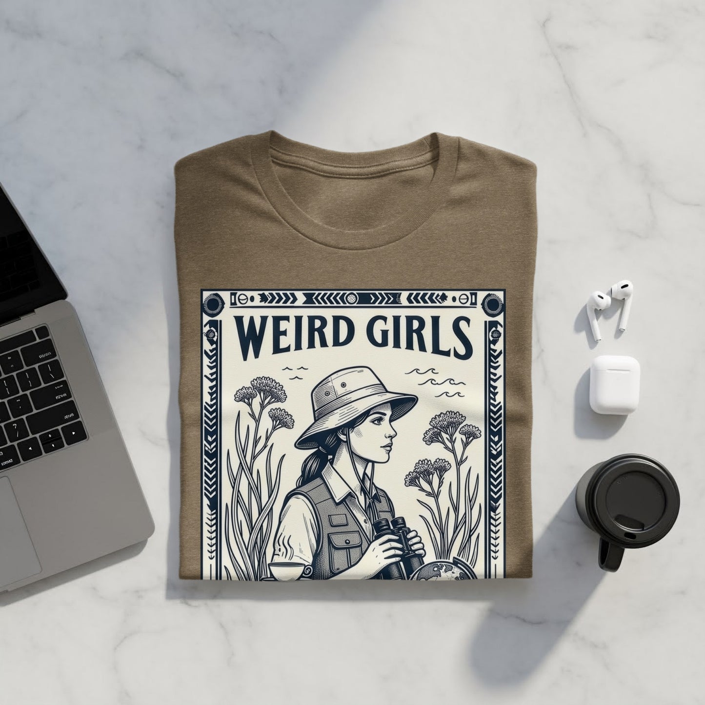 T-shirt featuring "Weird Girls" text and a woman with binoculars.