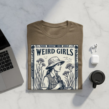 T-shirt featuring "Weird Girls" text and a woman with binoculars.