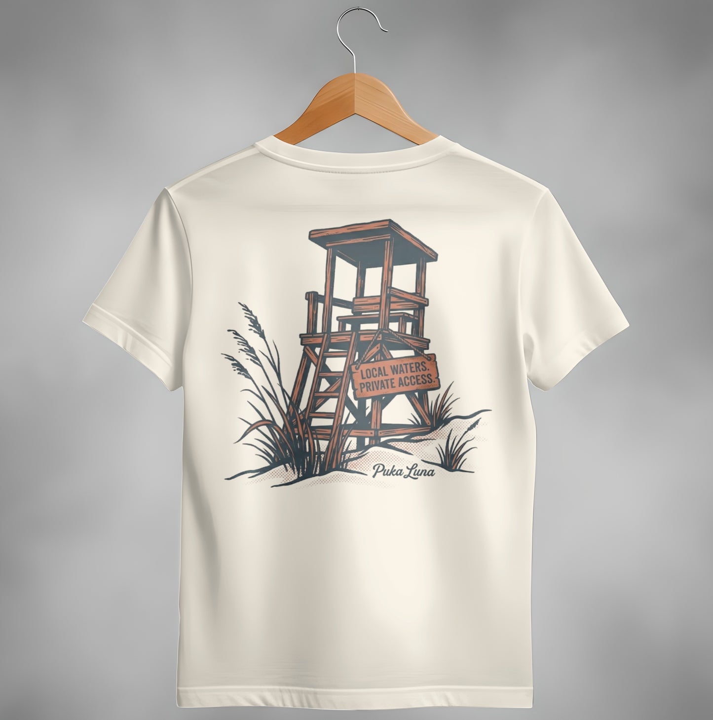 Cream t-shirt with a graphic of a lifeguard stand and text "Local Waters. Private Access."