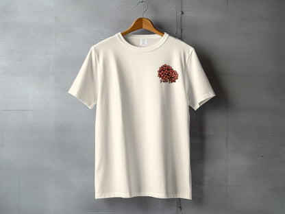 Cream t-shirt with red floral design and "Peach Planet" text on the left chest.