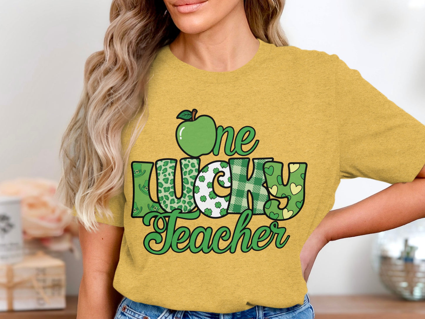 One Lucky Teacher Graphic Tee with Apple Design