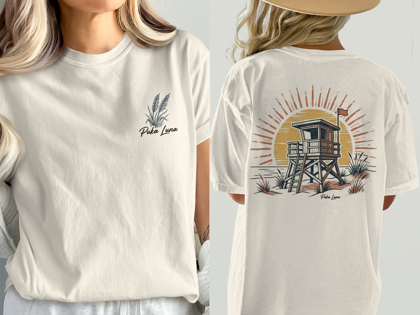 Cream t-shirt with "Puka Luna" logo on front and beach scene on back.