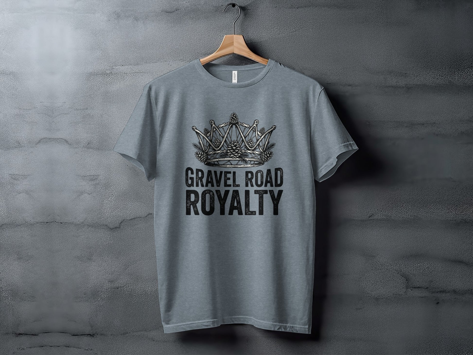 Gravel Road Royalty: Backcountry Outpost Shirt: Gray t-shirt with a crown graphic and "Gravel Road Royalty" text.